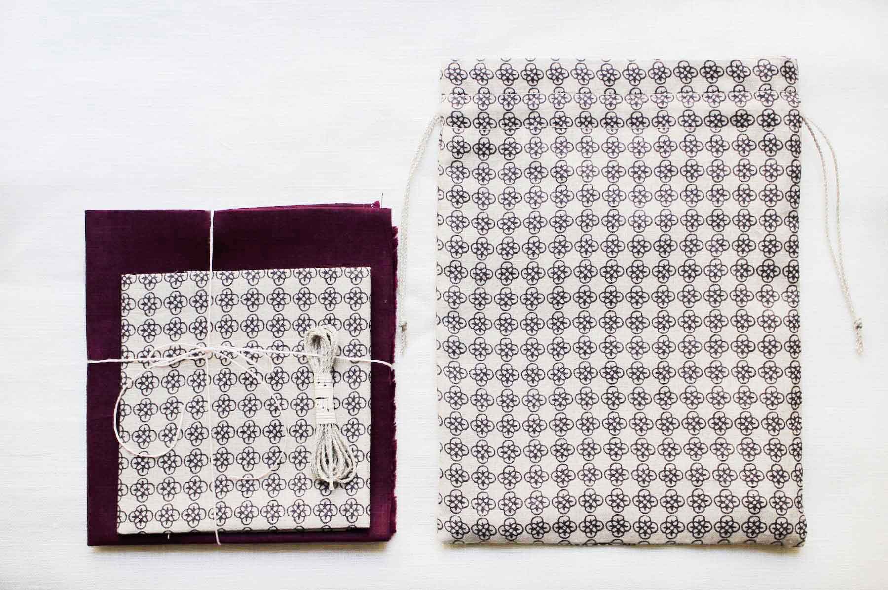 リネンプリントルールー<br />巾着セットFlaxマルベリー